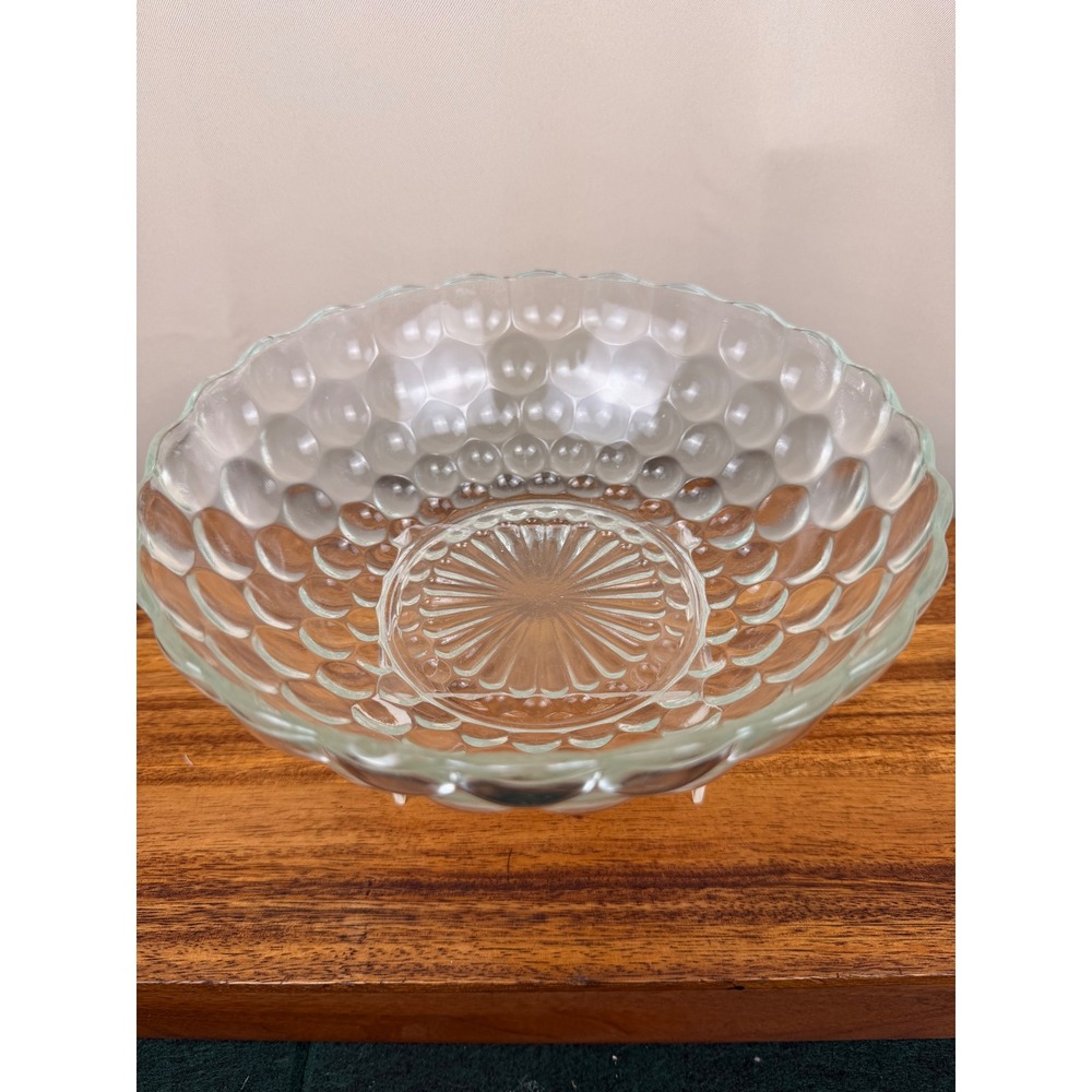 Anchor Hocking Bubble Clear Glass Serving Bowl Vintage Bullseye Scalloped 8.75in